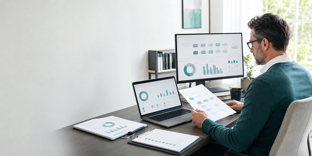 Finance practitioner reviewing operational dashboards and workflow documents at a desk